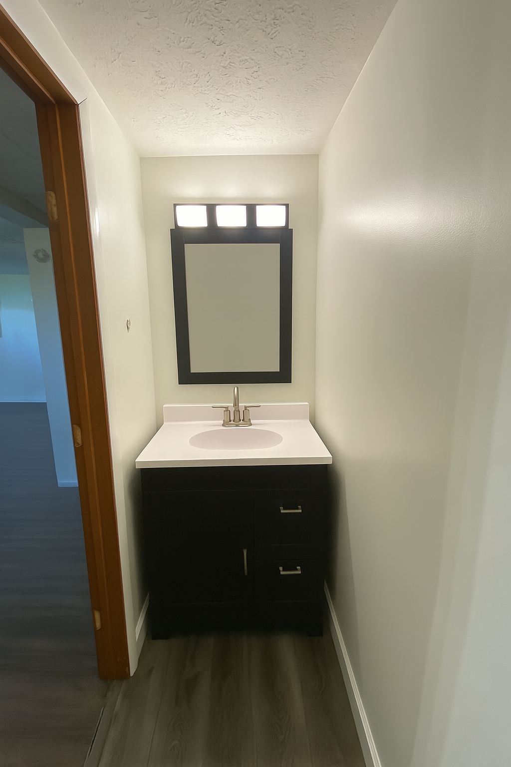 Dark vanity with a new mirror and lights