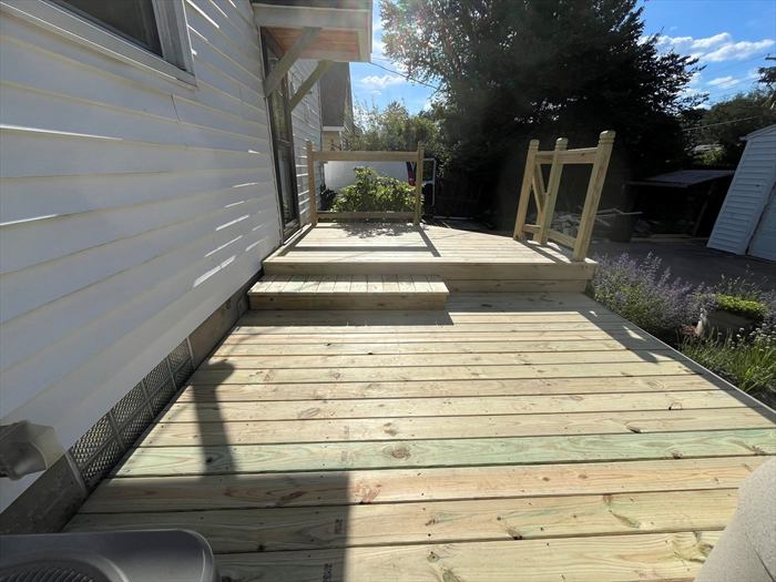 Long walkway deck to the back yard