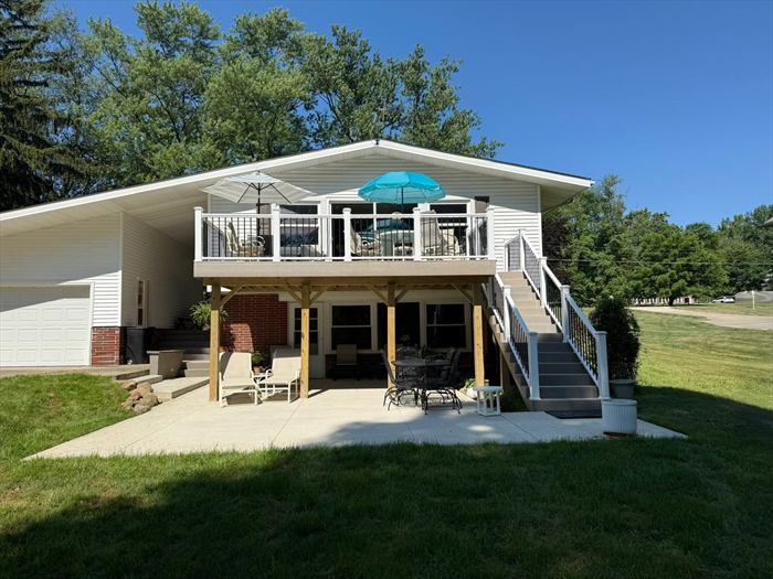 Two-level deck and stairs on a hillside home
